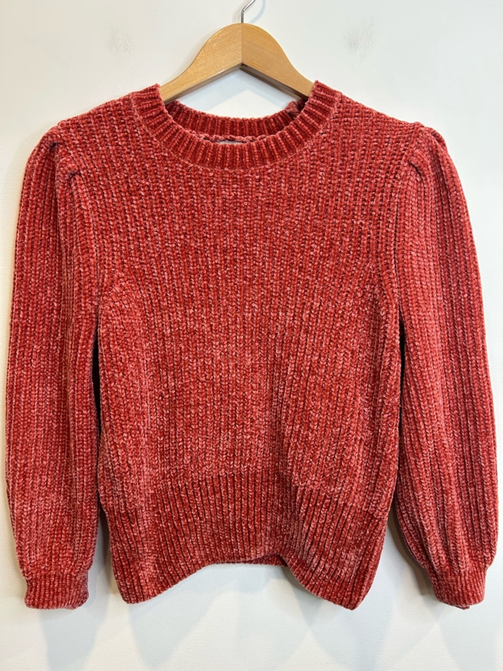 H&M Red Chunky Chenille Knit Puff Sleeve Sweater